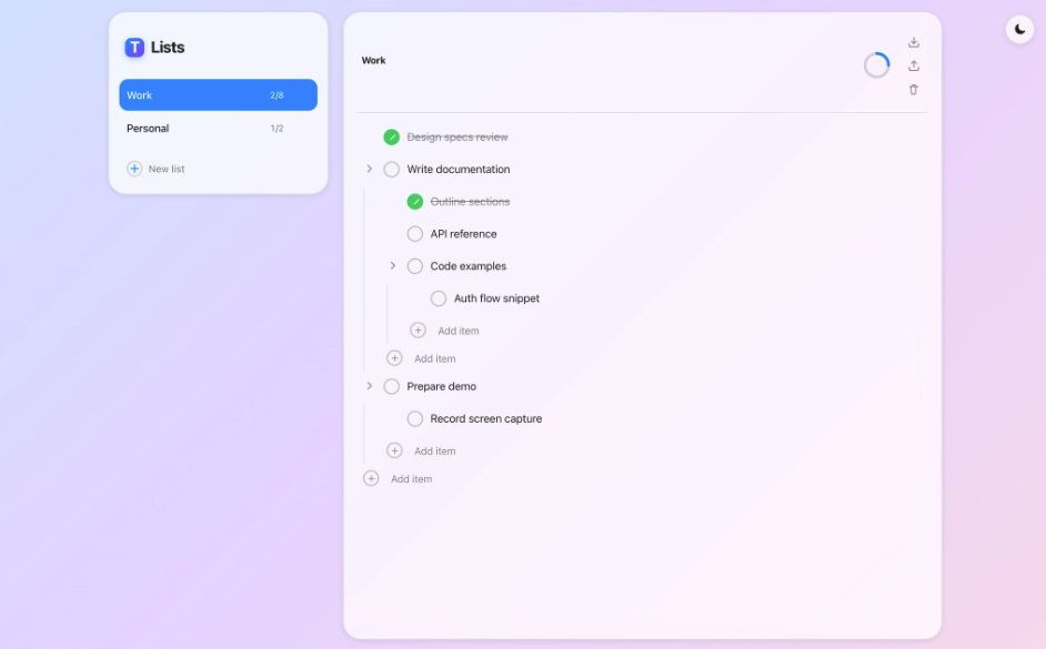 Ornith app, light mode, as built. Two-pane shell: sidebar with list management and per-list progress counts, content pane with nested tasks, progress ring, export and import icons.